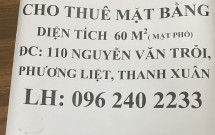 Chính chủ cho thuê nhà mặt phố Nguyễn Văn Trỗi, Thanh Xuân, DT 60m2 Giá 6 tr/th LH 0962402233